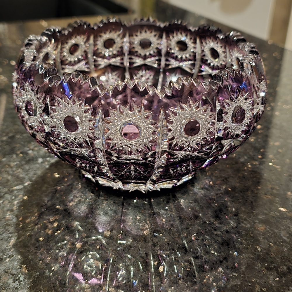 Barmai Czech Republic Hand Cut Lead Crystal 24% PbO Gorgeous Amethyst Bowl